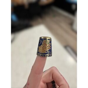 Vintage Cloisonne Asian‎ Enamel Thimble Gold Dragon Calligraphy Blue Sewing Art